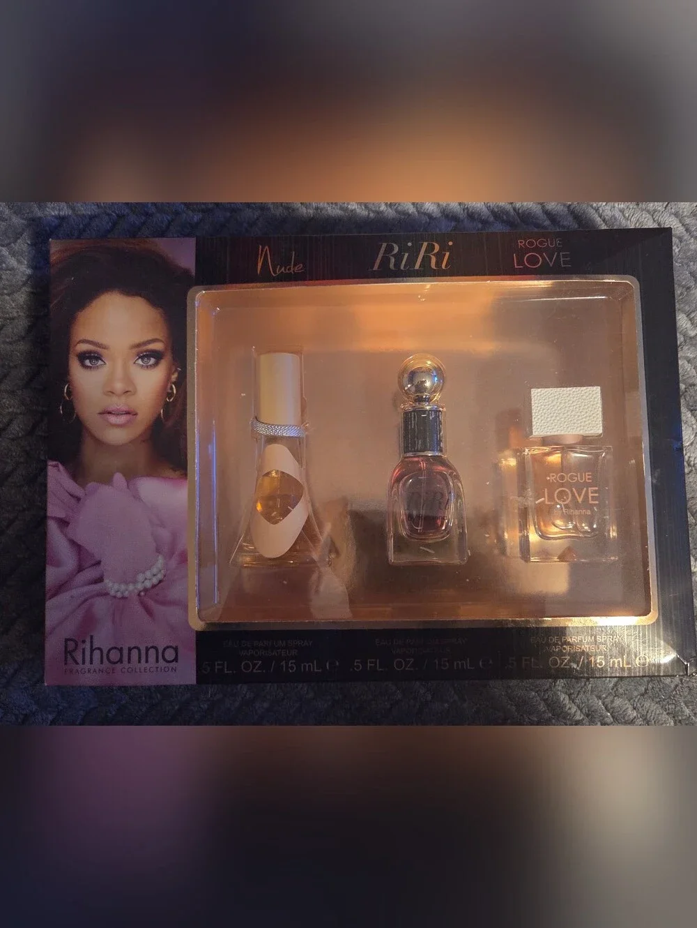Rihanna 3-pc Set features mini bottles of Nude, RiRi, and Rogue Love